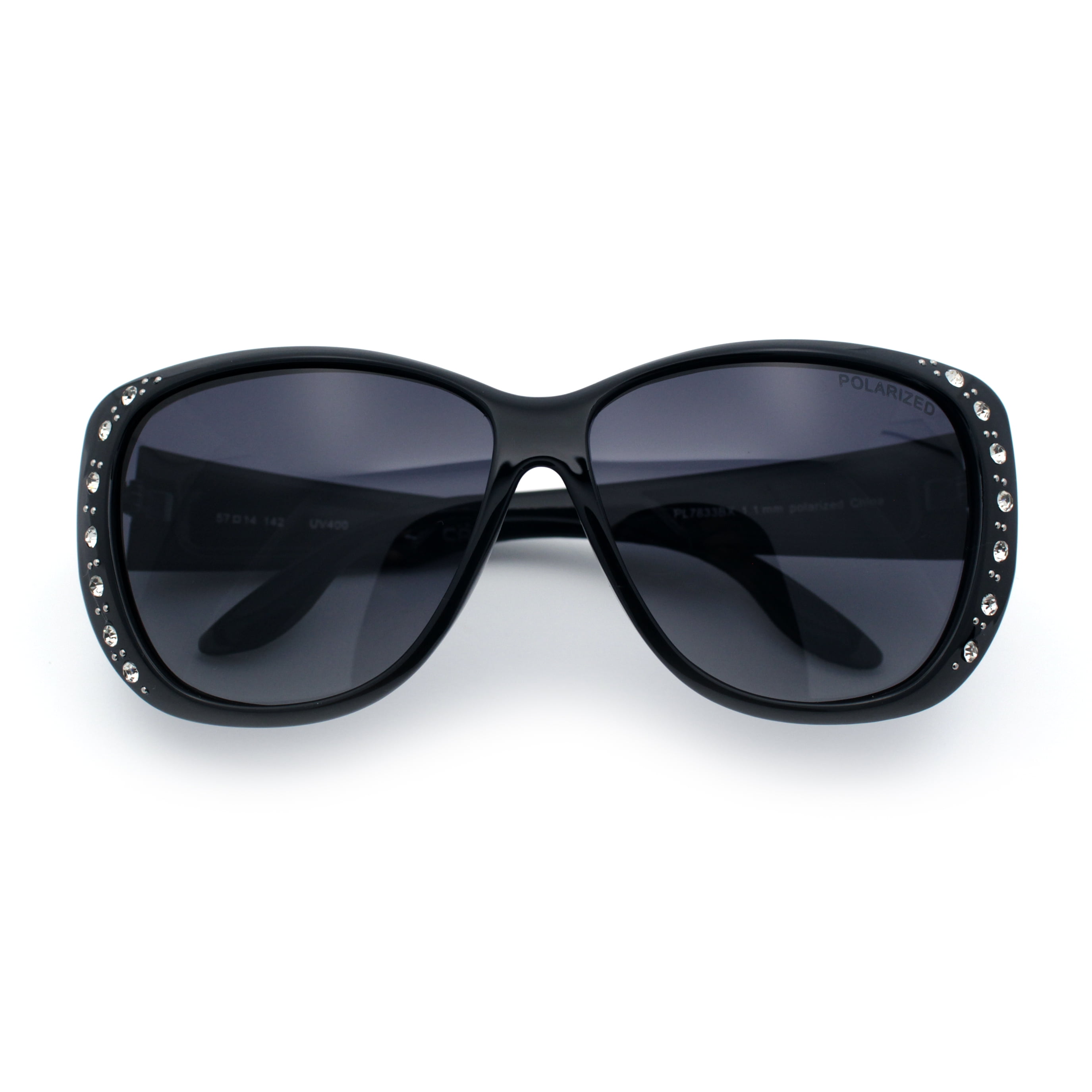 Shiny Black Oversized Rhinestone Butterfly Sunglasses with Polarized Lenses