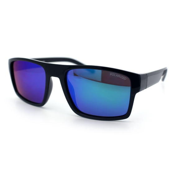 SA106 Polarized Rectangular Sport Sunglasses for Men UV400 Mirrored Lightweight Shiny Black Frame - Teal Mirror Lens