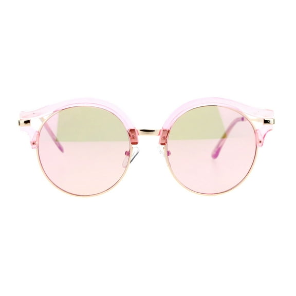 SA106 Retro Mirrored Lens Round Circle Half Rim Womens Sunglasses Pink