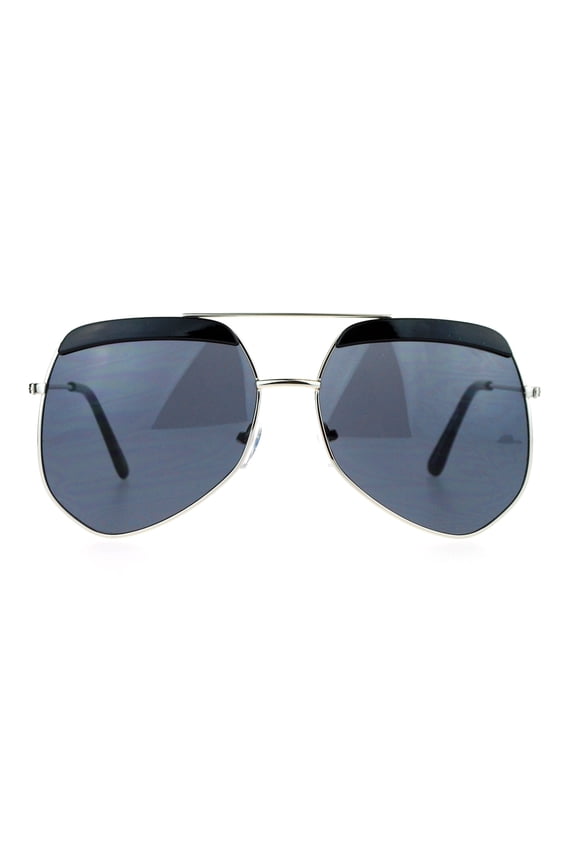 Retro Plastic Eyebrow Oversize Octagonal Aviator Sunglasses Silver Black