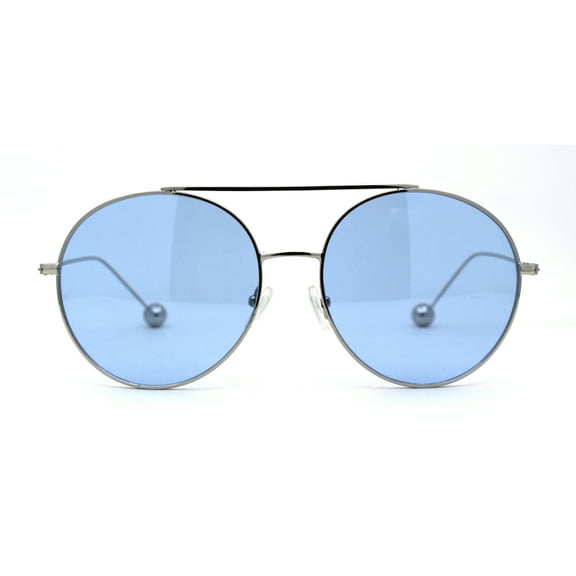 SA106 Round Double Bridge Metal Frame Airman Style Sunglasses Silver Blue