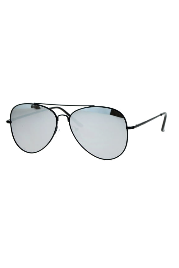 Silver Mirrored Flat Lens Black Metal Frame Oversize Aviator Sunglasses