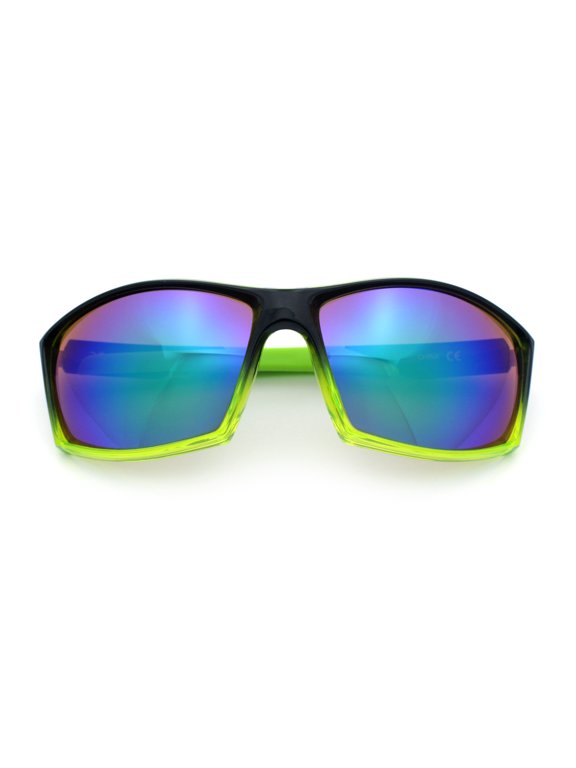 Sport Wrap Sunglasses UV400 Mirror Lens Lightweight Active Eyewear Black Green Frame - Green Mirror Lens