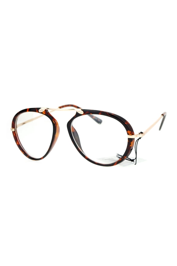 Unique Flat Top Bridge Plastic Aviator Racer Womens Clear Lens Glasses Tortoise