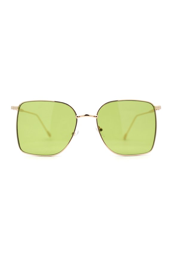 Womens 90s Metal Rim Large Rectangle Geeky Sunglasses Gold Green
