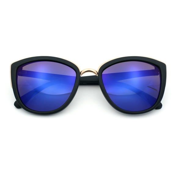 SA106 Women's Color Mirror Mirrored Lens Oversize Cat Eye Fashion Sunglasses, Black, Blue Mirror