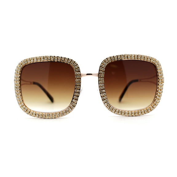 SA106 Womens Heavy Rhinestone Jewel Trim Metal Rim Butterfly Sunglasses Gold Brown
