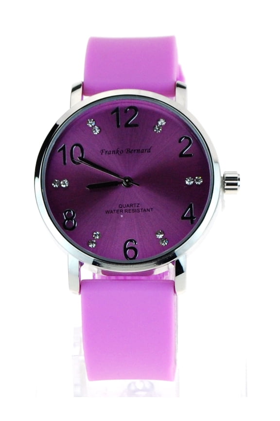 Womens Minimal Modern Silicone Round Rhinestone Analog Wrist Watch Pink