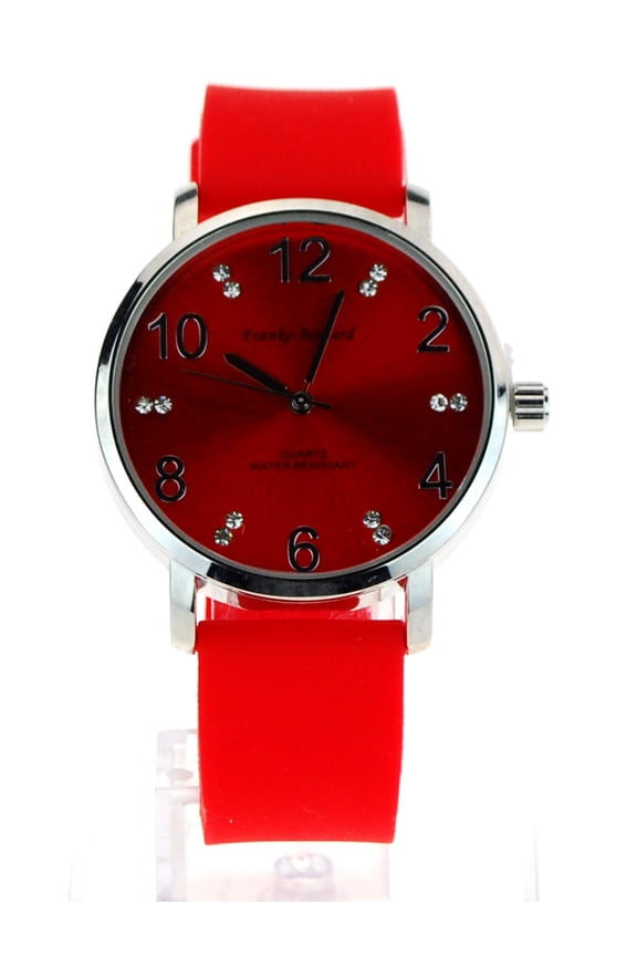 Womens Minimal Modern Silicone Round Rhinestone Analog Wrist Watch Red Silver