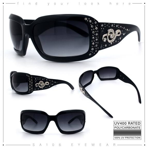 SA106 Womens Oversized Rectangle Sunglasses Rhinestone Treble Clef Music Motif Arms Black Frame - Gradient Black Lens