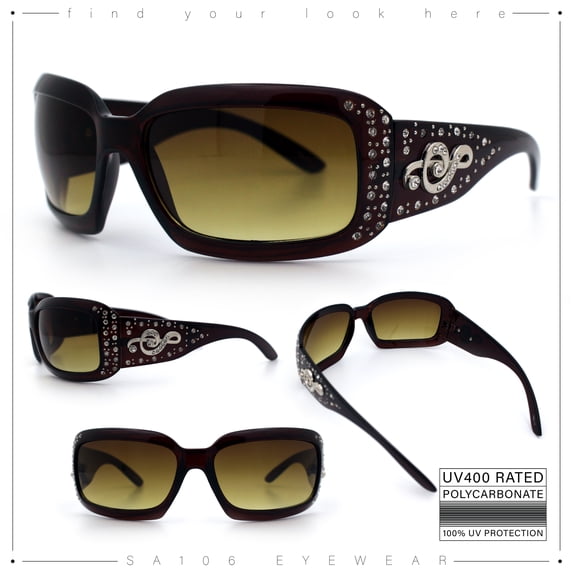 SA106 Womens Oversized Rectangle Sunglasses Rhinestone Treble Clef Music Motif Arms Brown Frame - Gradient Brown Lens