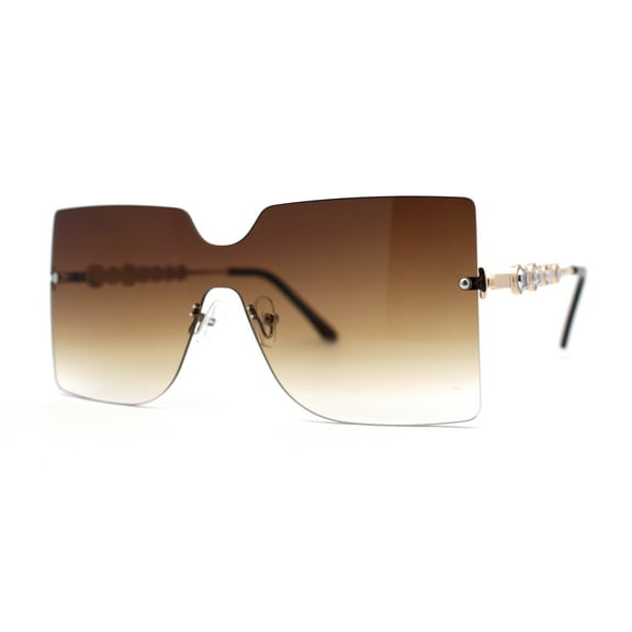 SA106 Womens Rhinestone Jewel Arm Rimless Block Lens Shield Sunglasses Gold Brown