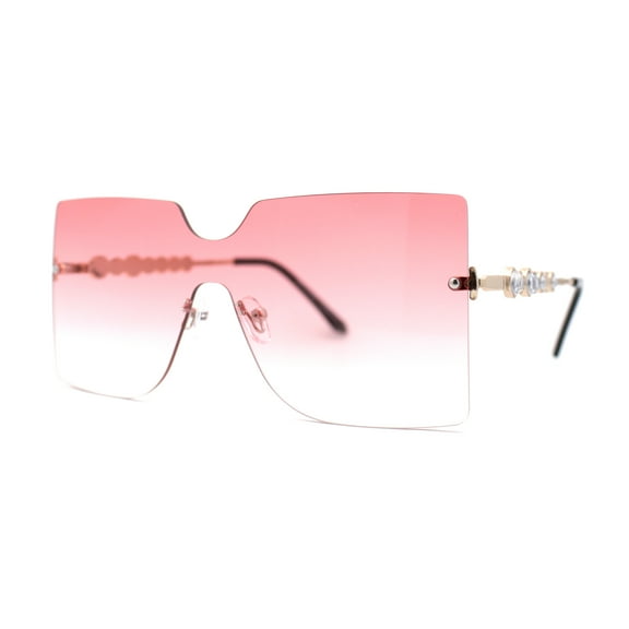 SA106 Womens Rhinestone Jewel Arm Rimless Block Lens Shield Sunglasses Gold Pink