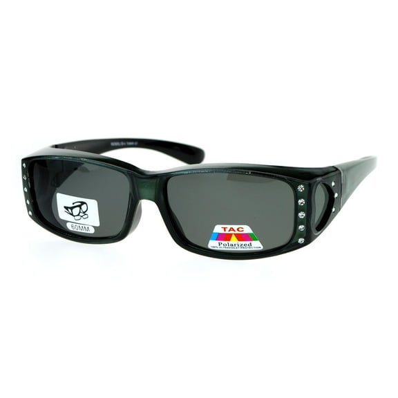 SA106 Womens Rhinestone Polarized Lens Rectangular 60mm Fit Over Sunglasses Grey