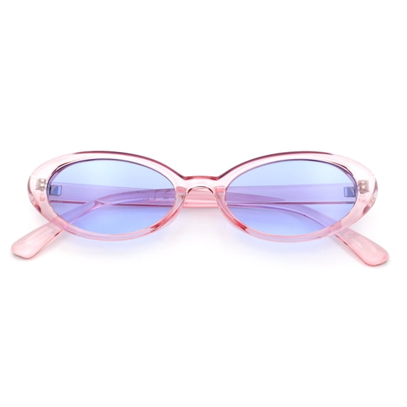 SA106 Womens Simple Classical Oval Thin Plastic Sunglasses / Pink Frame - Blue Lens