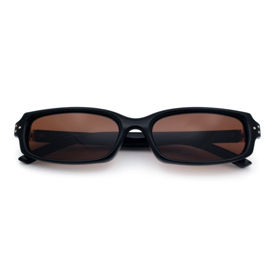SA106 Womens Slim Retro Mod Narrow Rectangle Sunglasses Gold-Tone Temple Hinge / Black Frame - Brown Lens