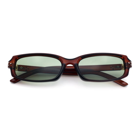 SA106 Womens Slim Retro Mod Narrow Rectangle Sunglasses Gold-Tone Temple Hinge / Brown Frame - Green Lens