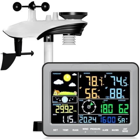 SA68 Weather Station 12-in-1 Weather Station Indoor Outdoor and Rain Gauge for Temperature, Humidity, Gray (No WiFi)