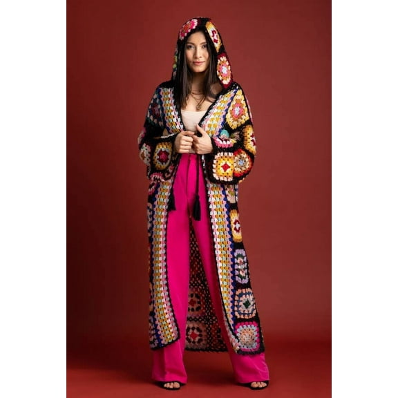 SAACHI Crochet Kimono Black Patchwork Ankle Length Long Sleeve Cover Up Women's