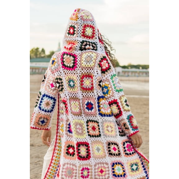 SAACHI Crochet Kimono White Patchwork Ankle Length Long Sleeve Cover Up, Women's