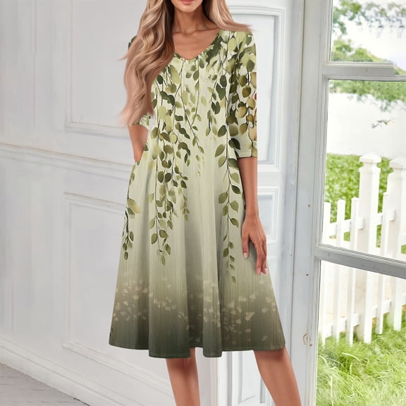 SAATLERI 3/4 Length Sleeve Dresses for Women Fashion V Neck Floral Print Sun Dresses for Women 2025 Vacation Flowy Swing A-Line Cocktail Plus Size Dress with Pockets