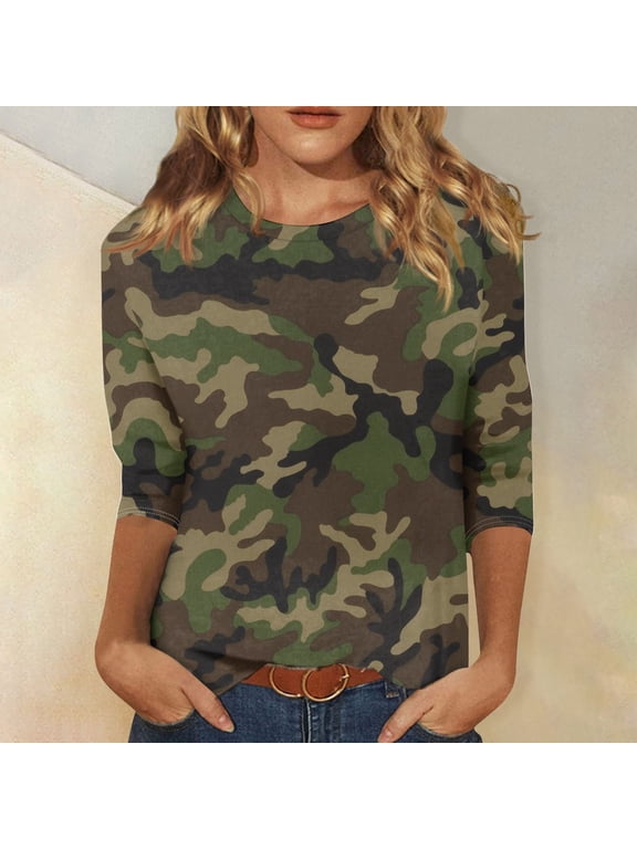 3/4 Length Sleeve Womens Tops Camo Shirt Printed Crew Neck T Shirts Loose Three Quarter Casual Dressy Blouses