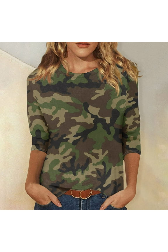 3/4 Length Sleeve Womens Tops Camo Shirt Printed Crew Neck T Shirts Loose Three Quarter Casual Dressy Blouses