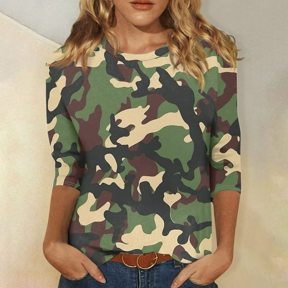 SAATLERI 3/4 Length Sleeve Womens Tops Camo Shirt Printed Crew Neck T Shirts Loose Three Quarter Casual Dressy Blouses
