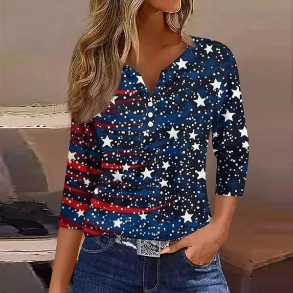 SAATLERI 3/4 Length Sleeve Womens Tops Red White Blue Workout Shirts for Women Fourth Of July Button V Neck Patriotic Blouses Dressy Casual Pullover