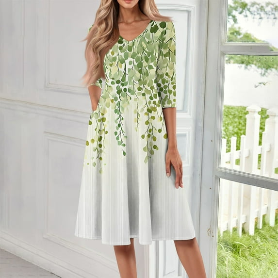 SAATLERI 3/4 Sleeve Summer Midi Dresses for Women 2025 V Neck Boho Floral Print Sundresses for Women Lightweight A-Line Plus Size Dress with Pockets