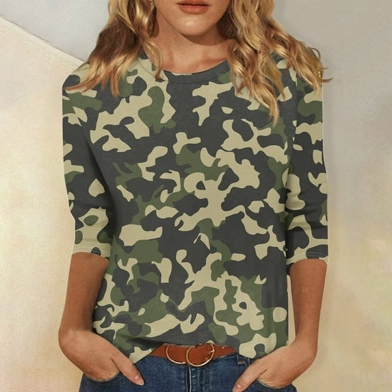 SAATLERI 3/4 Sleeve Tops for Women Casual Crewneck Camo Shirt Loose Comfy Tunic Tops Trendy Printed Dressy Blouses Pullover Top