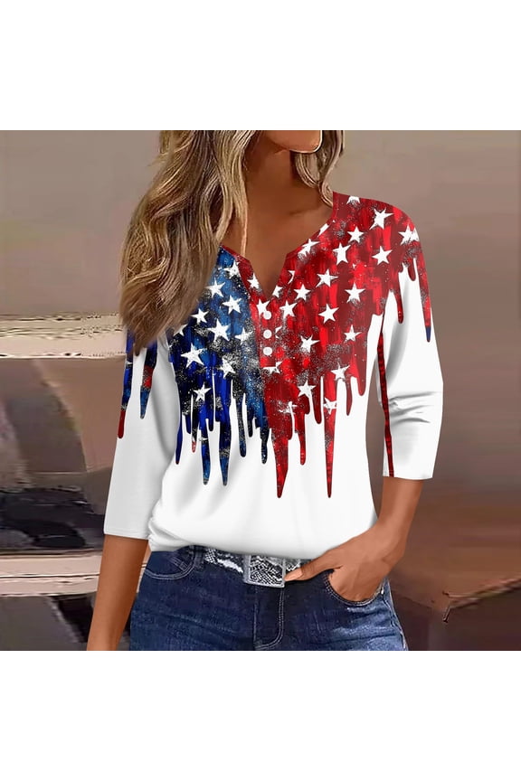 3/4 Sleeve Tops for Women Red White Blue Shirts for Women July 4th Henley V Neck Graphic Tees 3/4 Length Sleeve Patriotic Summer Tops