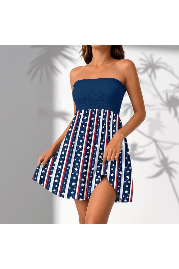 4th Of July American Flag Dresses for Women Red White and Blue Print Strapless Tube Dress Usa Flag Mini Cover Ups Dress Cocktail Party Dress