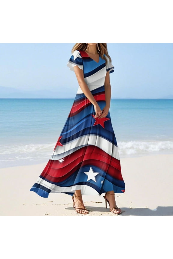4th Of July Outfits for Women Independence Day Flag Print Dress Trendy Casual V Neck Short Sleeve USA Beach Holiday Dresses