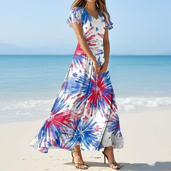 SAATLERI 4th of July Dress Women American Flag Print Short Sleeve Maxi Dresses Independence Day Patriotic Dress Flowy Beach Vacation Dresses