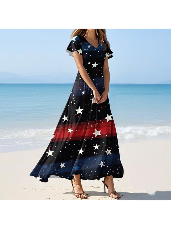4th of July Dress for Women Short Sleeve V Neck American Flag Patriotic Elastic High Waist Sundress Trendy Maxi Long Dresses