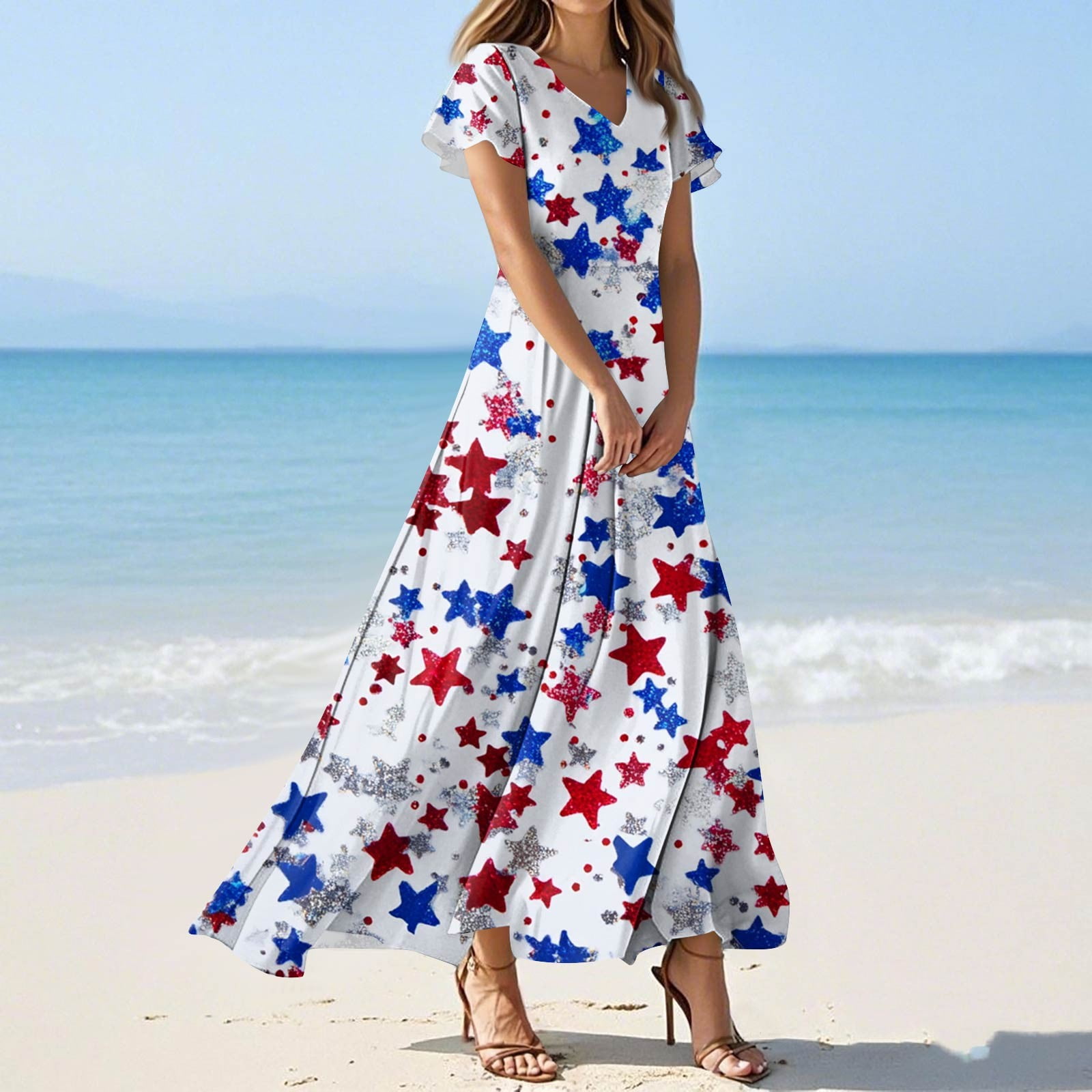 POLERO Women's V-Neck Wrap Waist Maxi Dress - Short Sleeve Summer Sundress With Pockets