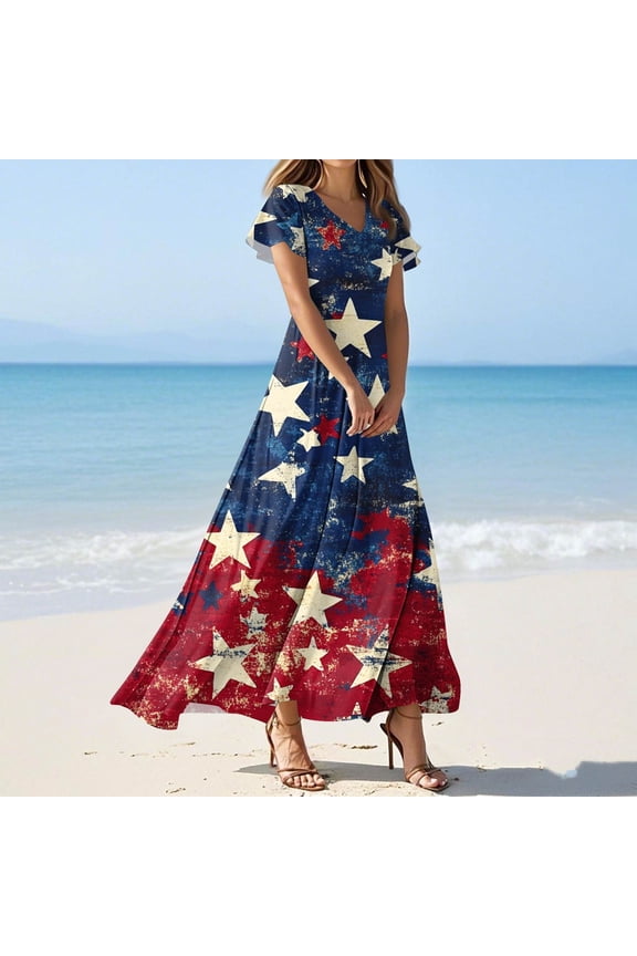 4th of july Dress for Women American Flag Dress A-Line Summer V Neck Short Sleeve America Clothes Flowy Dresses