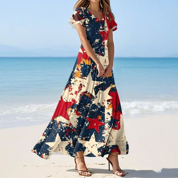 SAATLERI 4th of july Dress for Women American Flag Dress A-Line Summer V Neck Short Sleeve America Clothes Flowy Dresses
