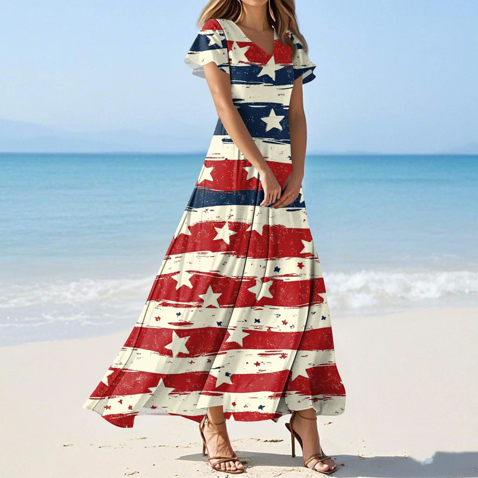 SAATLERI American Flag Dress Women 4th of July Short Sleeve V Neck ...