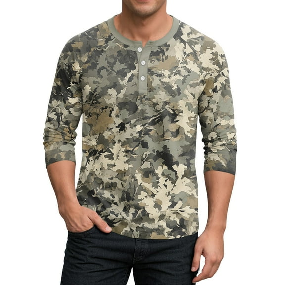SAATLERI Big and Tall 3/4 Sleeve Shirts for Men Trendy Lightweight Henley Raglan Shirt Men Camouflage Mens Shirt Jersey Baseball Tee Shirt