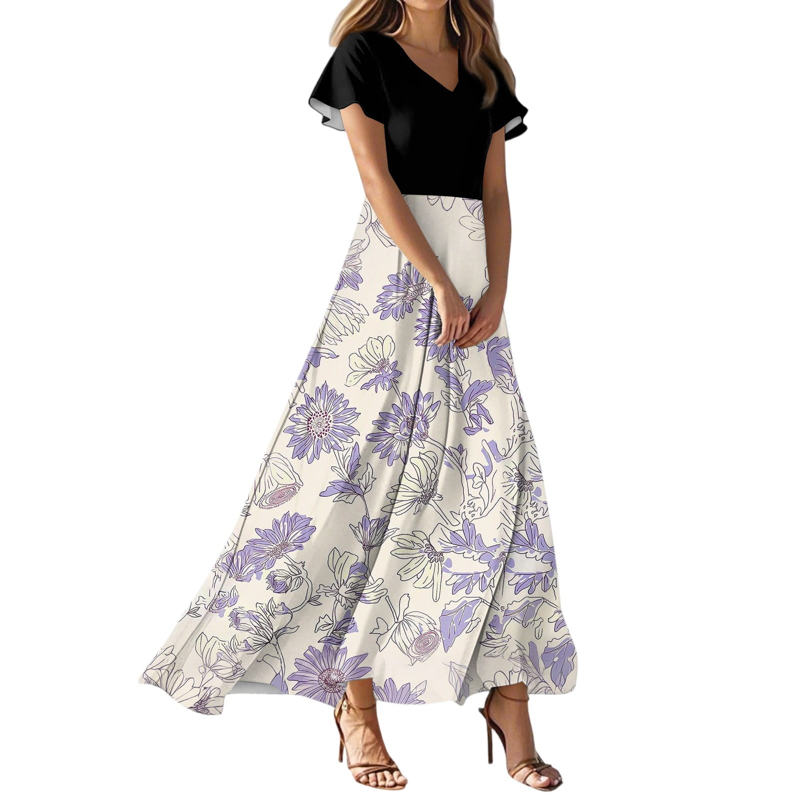 Women's Floral Maxi Dress - Deep V Neck, Sleeveless Backless Sundress, Y2K Style For Wedding Guest Or Summer - View #7