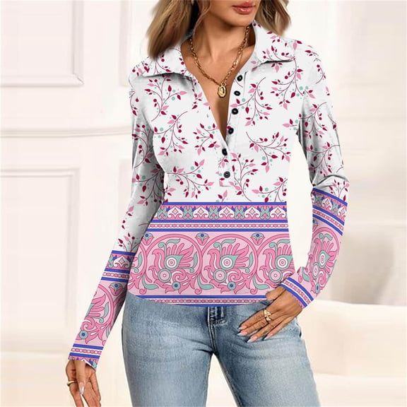 SAATLERI Button Down Shirt for Women V Neck Collared Polo Shirts Dressy Floral Printed Long Sleeve Blouse Free Business Casual Work Office Tops