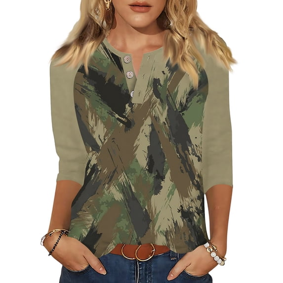 SAATLERI Button Up Camo Shirt Women Dressy Casual 3/4 Sleeve Tunic Tops Color Block Lightweight V Neck Blouse T-Shirts