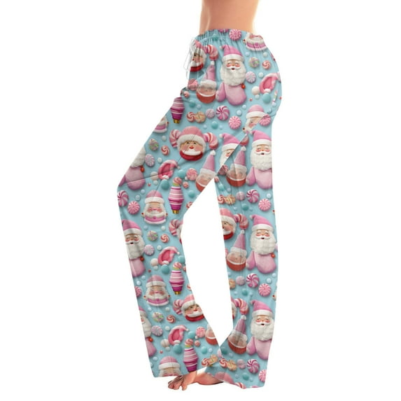 SAATLERI Christmas Pajamas Pants Women Santa Print Loose Soft Lounge Pants Wide Leg Drawstring Holiday Comfy Pj Bottom with Pockets