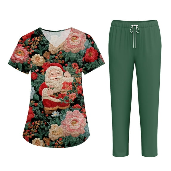 SAATLERI Christmas Scrub for Women Set, Women's Nurse Set-Quick Dry V Neck Pocket Top & Long Pants, Plus Size Healthcare Work Uniform, Lightweight Womens Scrubs Top