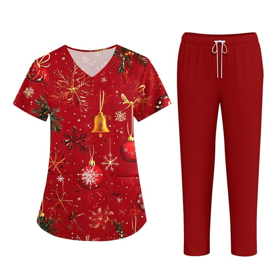 SAATLERI Christmas Scrub for Women Set,Christmas Print Short Sleeve V-Neck Nurse Uniforms Top and Scrub Bottoms for Woman