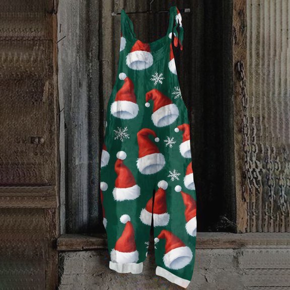 SAATLERI Christmas Womens Jumpsuits Cotton Linen Xmas Tree Graphic Christmas Jumpers Spaghetti Strap Wide Leg Casual Fitted Romper Overalls