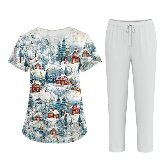 SAATLERI Christmas Womens Scrubs Set V Neck Top and Pant Cute Xmas Print Christmas Medical Uniform Jogger Suit Pocketed Nurse Workwear