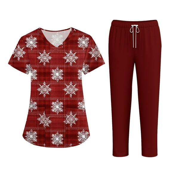 SAATLERI Christmas Womens Scrubs Set V Neck Top and Pant Cute Xmas Print Christmas Medical Uniform Jogger Suit Pocketed Nurse Workwear
